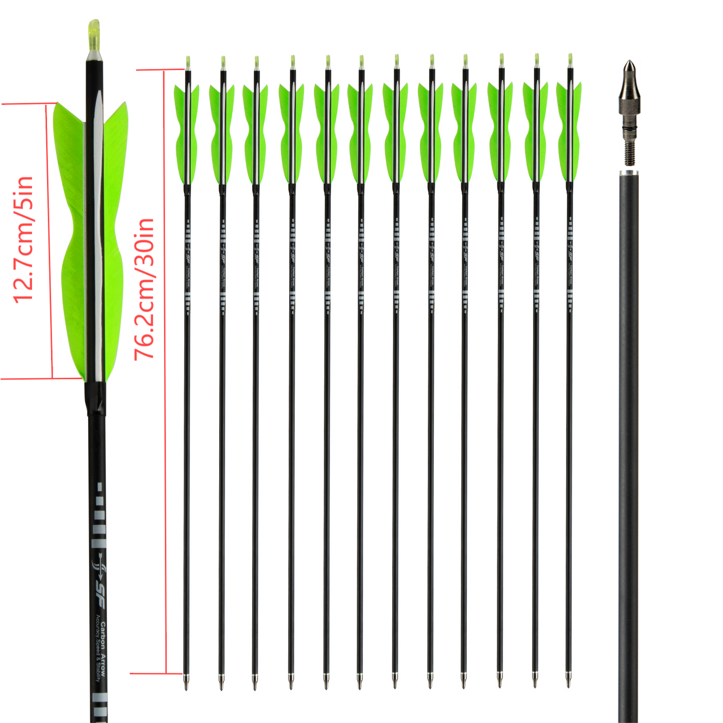 SF 30" Carbonpfeile Bogenschießen Zielübungspfeile mit 5" Truthahnfedern für Recurvebogen und Compoundbogen (12er-Pack), Hellgrün 