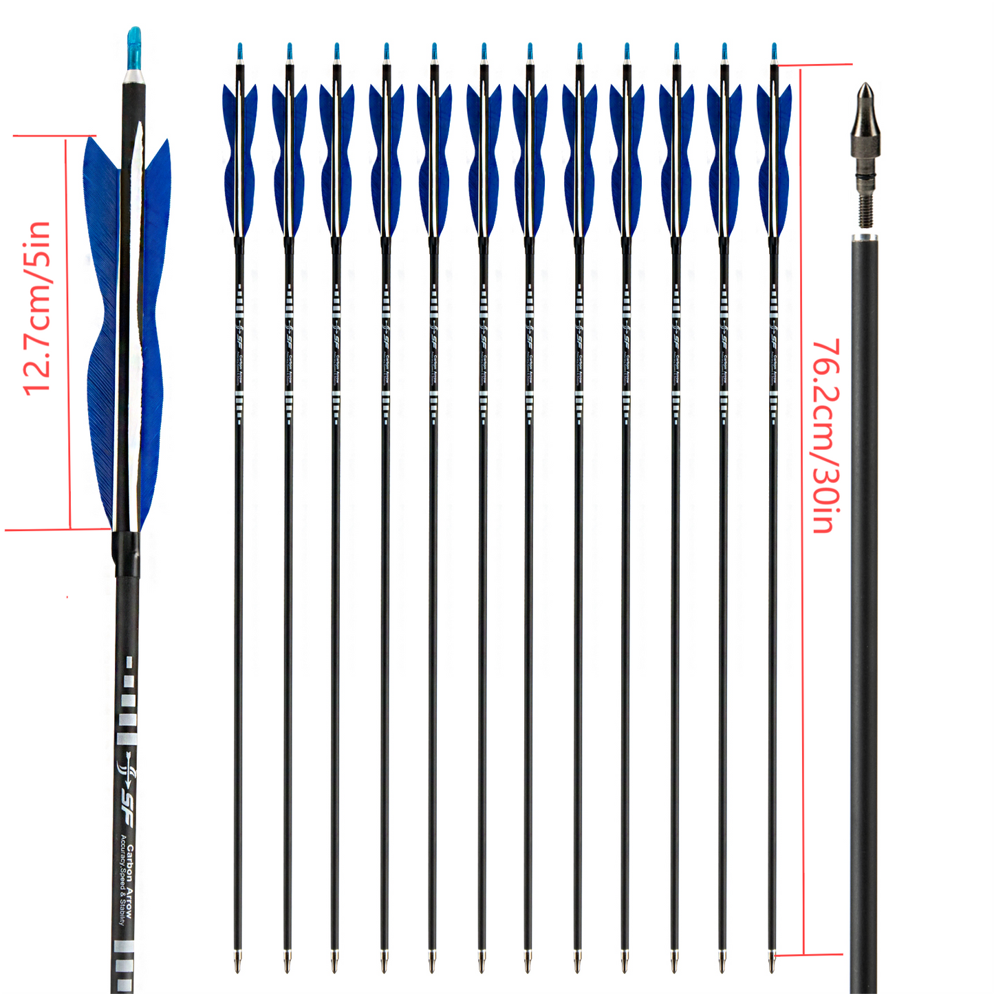 SF 30" Carbonpfeile für Bogenschießen, Zielübungspfeile mit 5" Truthahnfedern für Recurvebogen und Compoundbogen (12er-Pack), Blau 